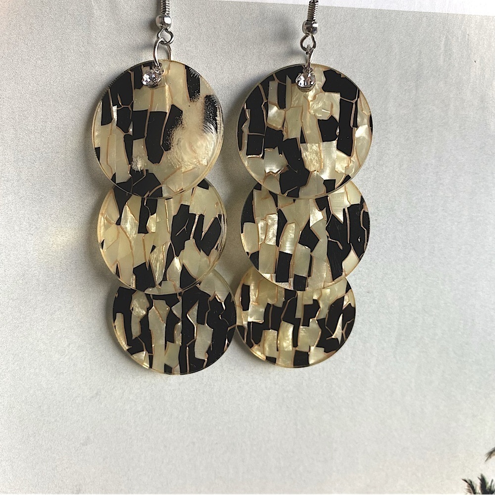 Acrylic Cream and Black Mosaic Circle Dangle Earrings with Rhinestone Accents - Picture 5 of 5